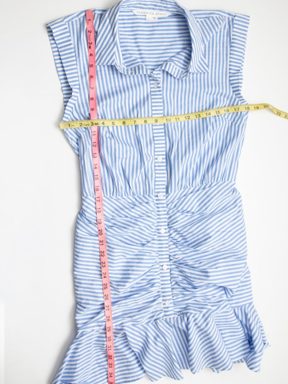 Veronica Beard Shirt Downing Dress Bell Button Ruched Stripe Blue White Size 8 - Picture 7 of 7